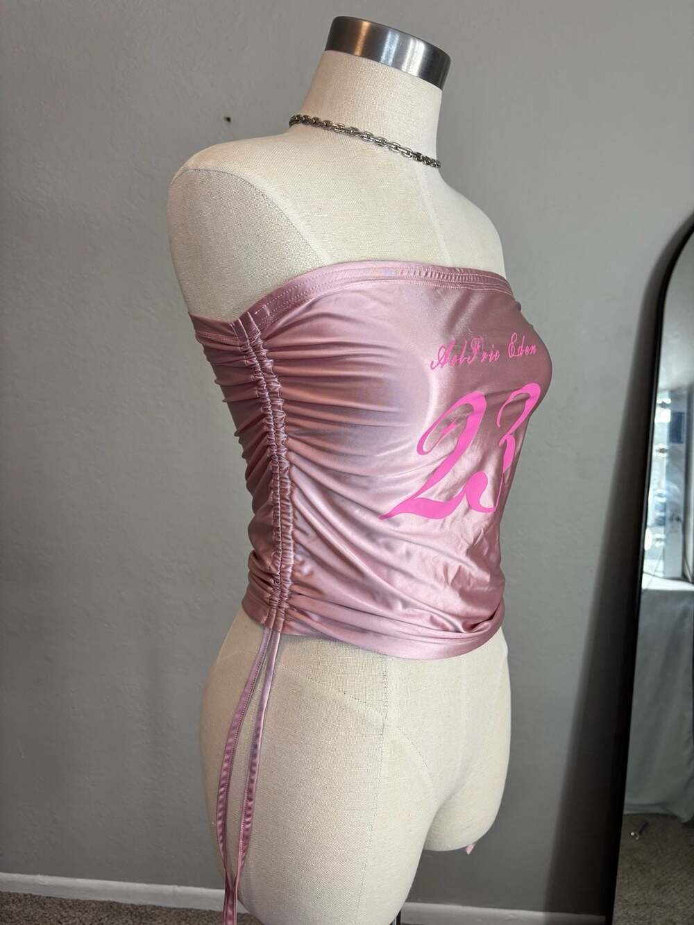 Ash Prio Eden Pink Satin Ruched Side Tube Top with 23 Print - Picture 2 of 7